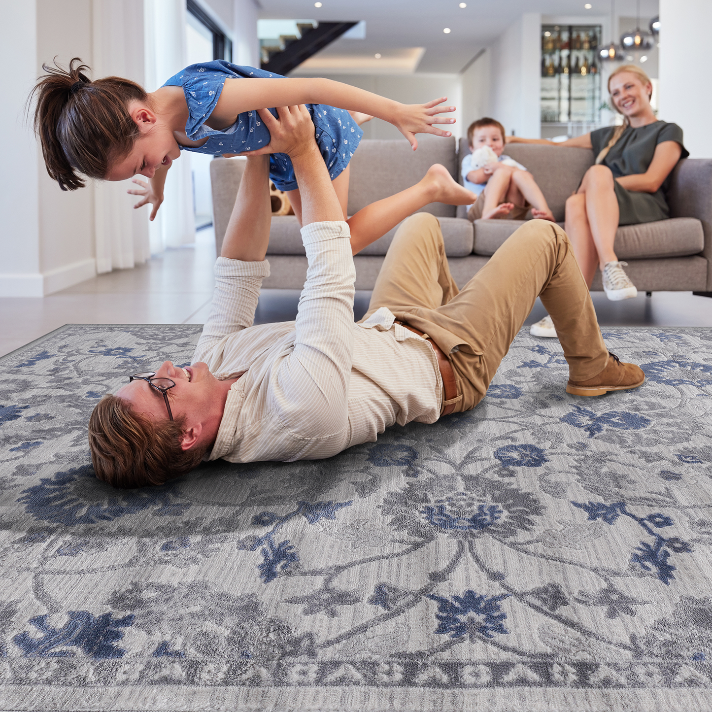 5X7 Blue/Silver/Oriental Non-Shedding Living Room Bedroom Dining Home Office Stylish and Stain Resistant Area Rug