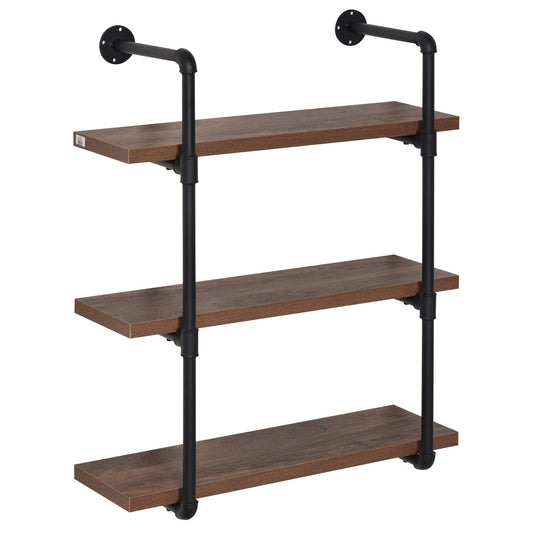 HOMCOM 3-Tier Industrial Pipe Shelves, Floating Wall Mounted Bookshelf, Metal Frame Display Rack for Living Room or Bedroom, Rustic Brown