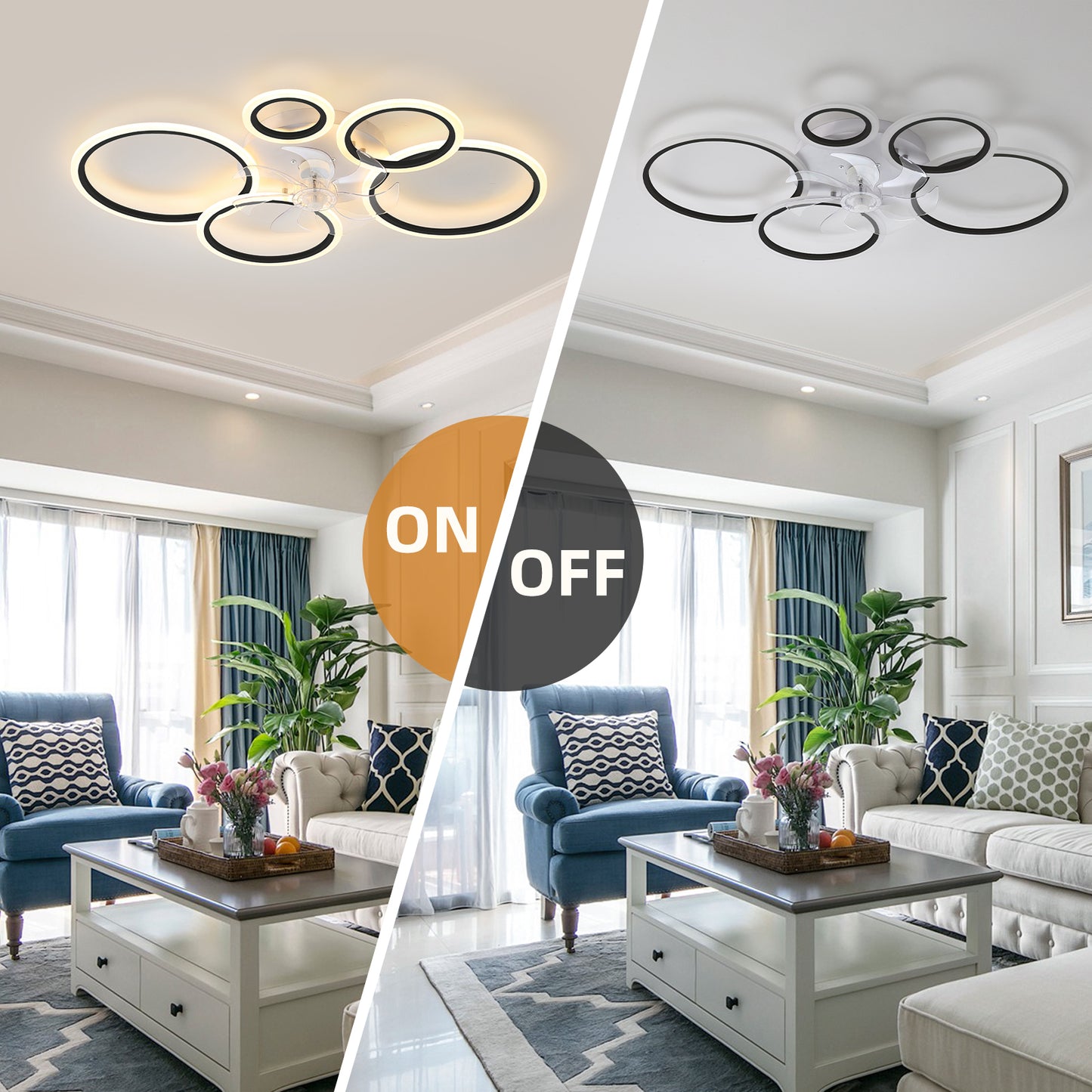 Black Ceiling Fan with Lights Remote Control and APP Control, Dimmable with Remote 7 Blades 6 Speeds of Wind