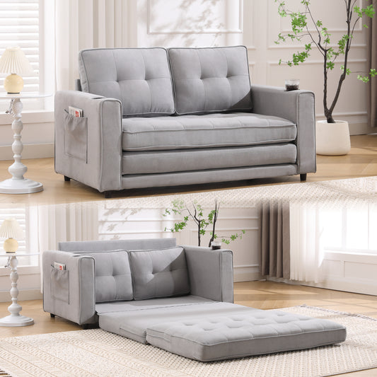 {VIDEO Provided}3-in-1 Upholstered Futon Sofa Convertible Sofa bed,Foldable Tufted Loveseat with Pull Out Sleeper Couch Bed,Folding Mattres Love Seat Daybed W/Side Pockets and Cup Holder, Light Gray