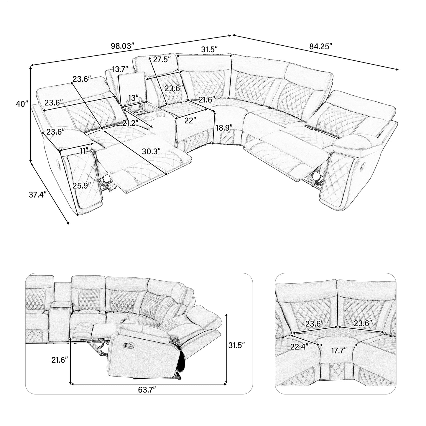 Home Theater Seating Manual Recliner with Cup Holder, Hide-Away Storage PU Reclining Sofa for Living Room, Home Theater, Gray