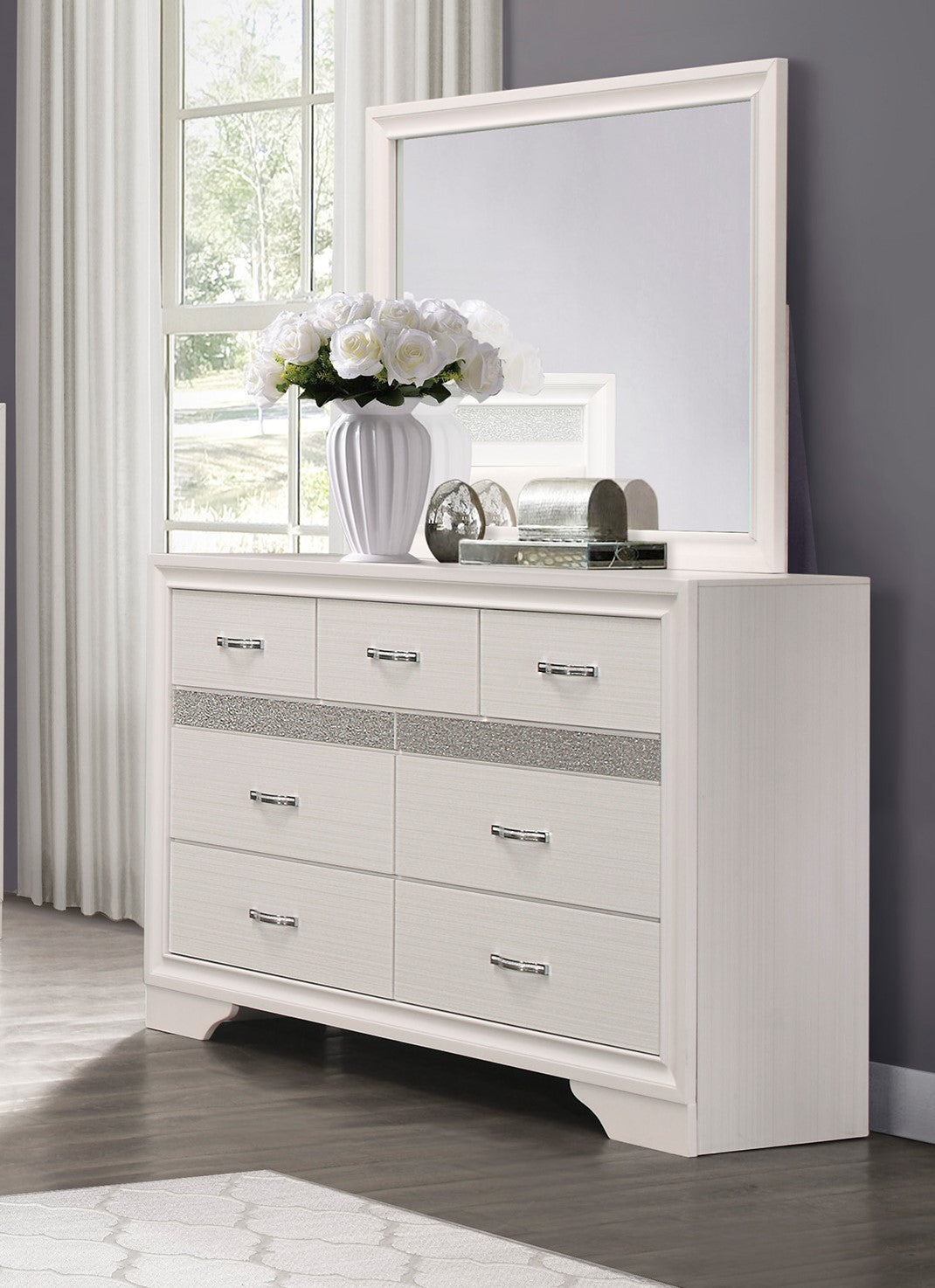 Modern Glam Dresser of 7 Drawers White and Silver Glitter Hidden Jewelry Drawers Ball Bearing Glides Modern Wooden Bedroom Furniture