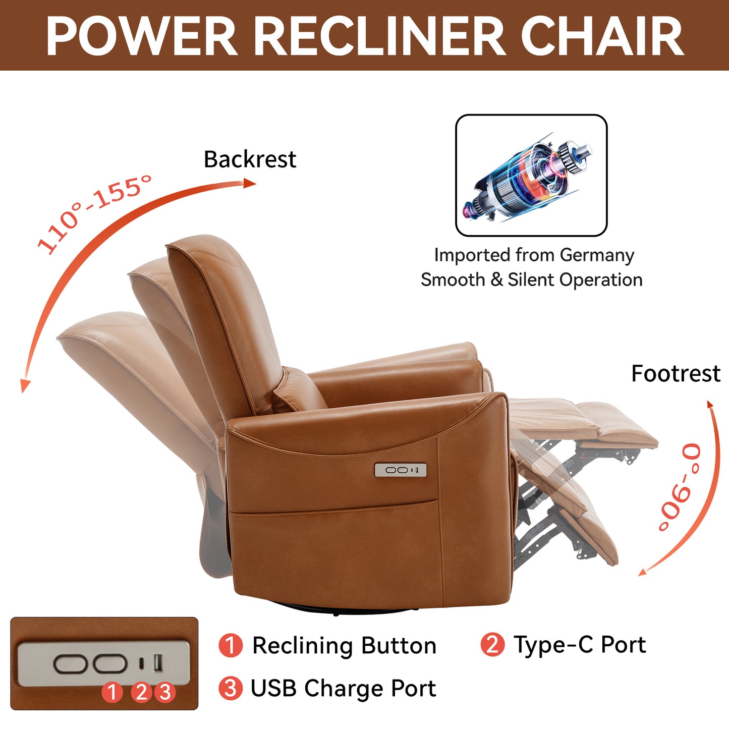 Yellow Brown Leatheraire Swivel and Rocker Power Recliner Chair, Heavy Duty Motion Mechanism with USB and Type-C Ports