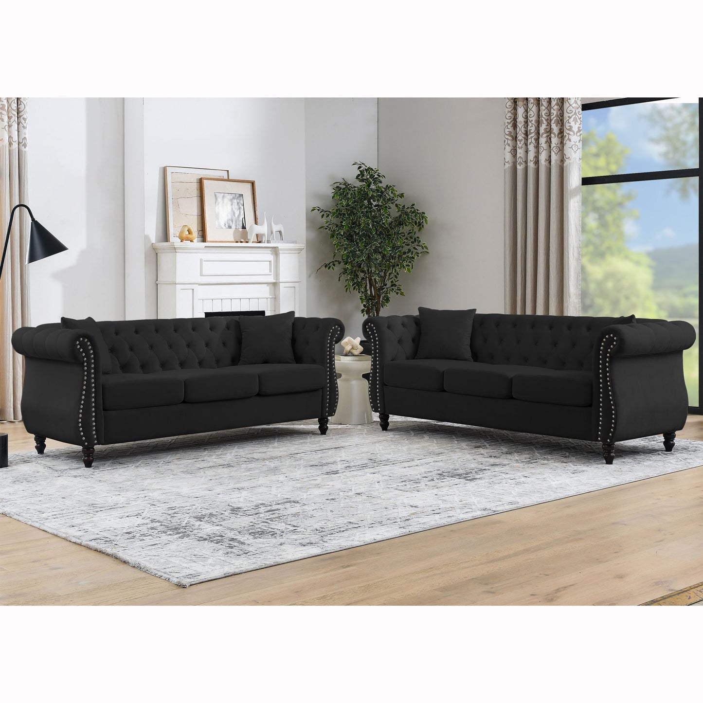 80" Chesterfield Sofa Black Velvet for Living Room, 3 Seater Sofa Tufted Couch with Rolled Arms and Nailhead for Living Room, Bedroom, Office, Apartment, 3S With 3S