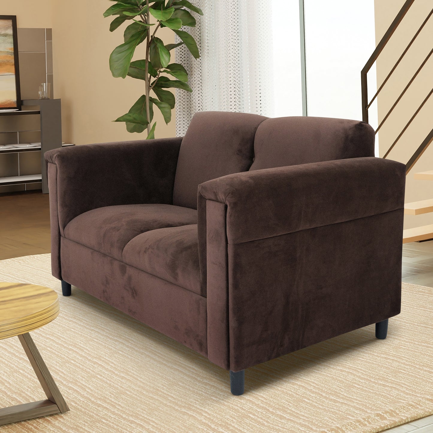 Dark Brown Suede Loveseat Sofa for Living Room, Modern Décor Love Seat Mini Small Couches for Small Spaces and Bedroom with Solid Wood Frame