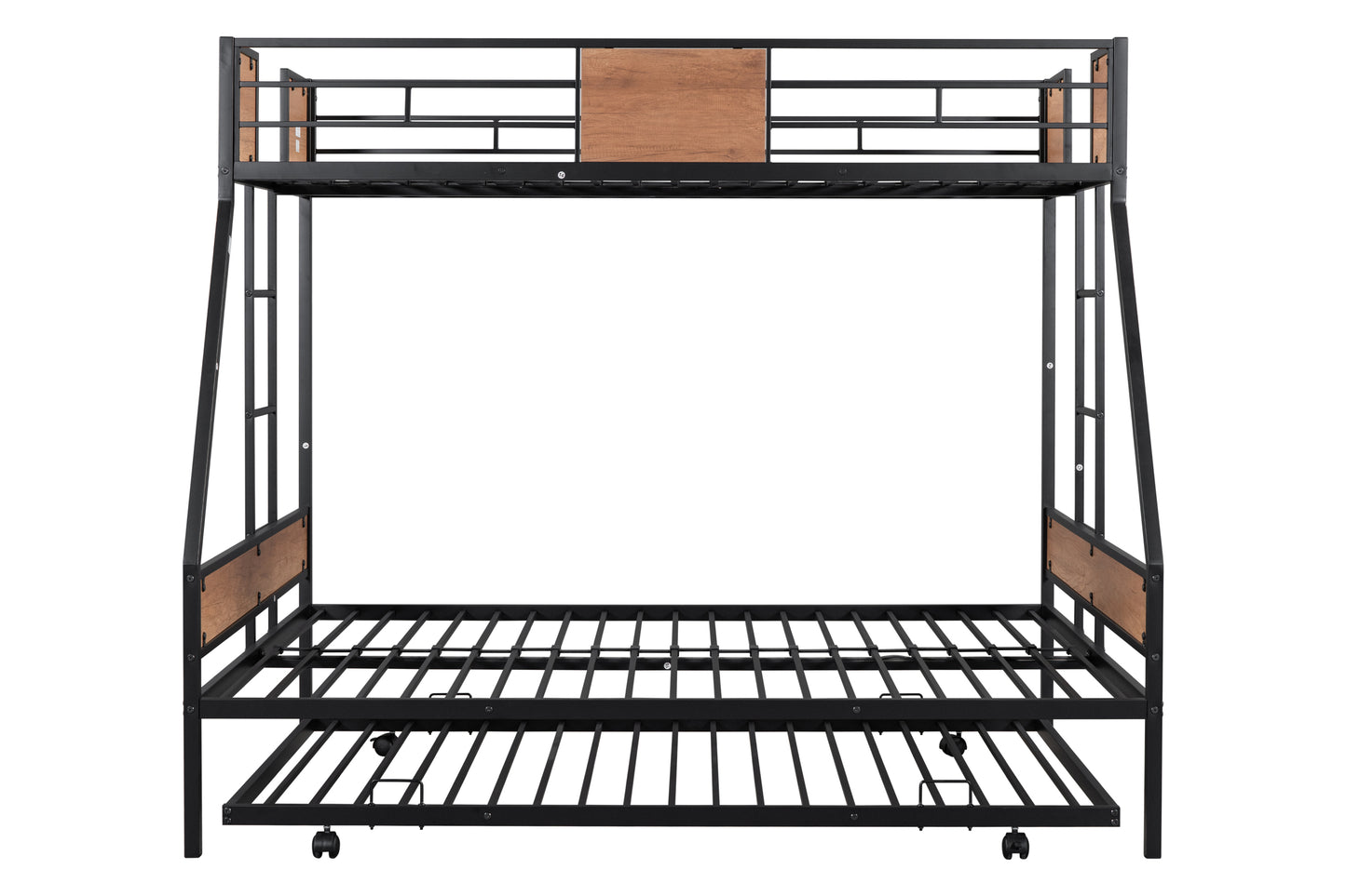 Metal Twin over Full Bunk Bed with Trundle/ Heavy-duty Sturdy Metal/ Noise Reduced/ Safety Guardrail/ Wooden Decoration/ Convenient Trundle / Bunk Bed for Three/ CPC Certified/ No Box Spring Needed