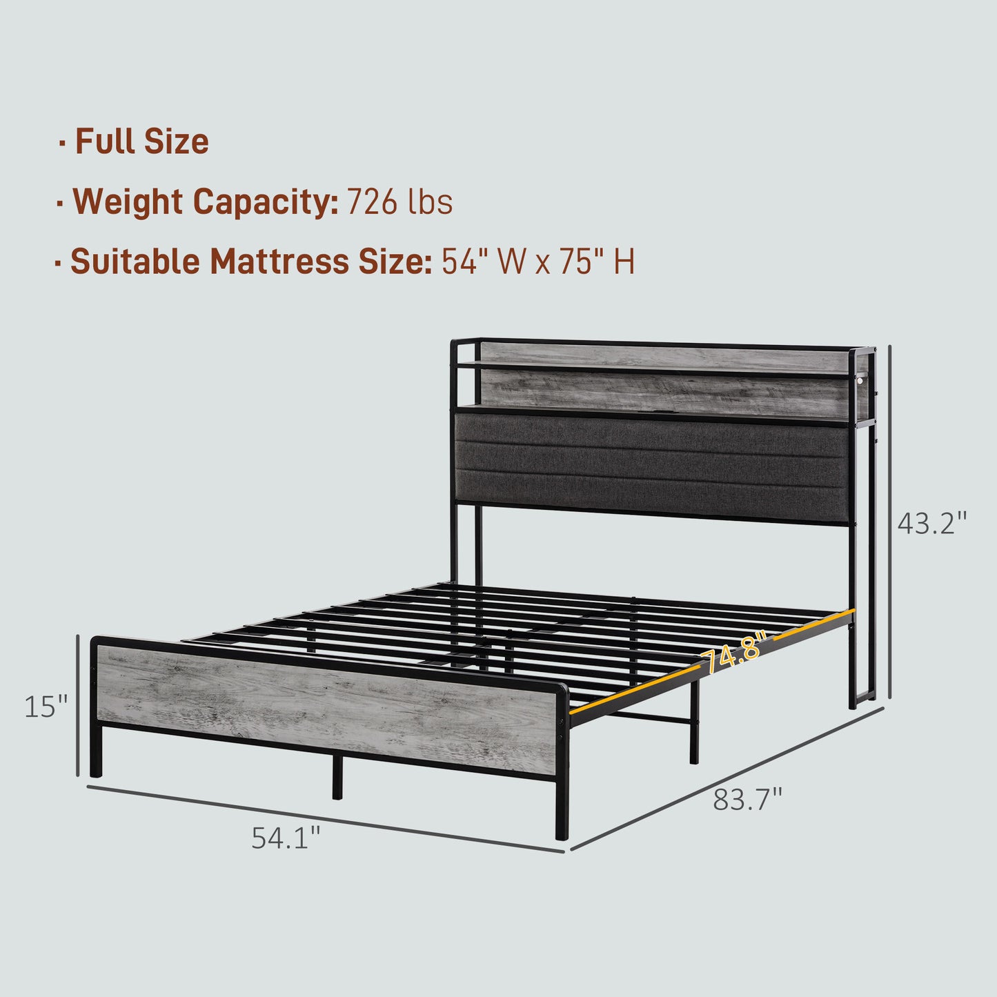 HOMCOM Full Size Bed Frame with Storage Headboard, Upholstered Platform Bed Frame with LED Lights, Charging Station, Steel Slats, Noise-Free & Easy Assembly, No Box Spring Needed, Cement Gray