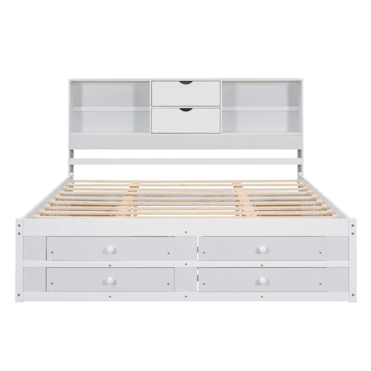 King Size Platform Bed with Storage Headboard and 8 Drawers, White