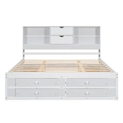 King Size Platform Bed with Storage Headboard and 8 Drawers, White