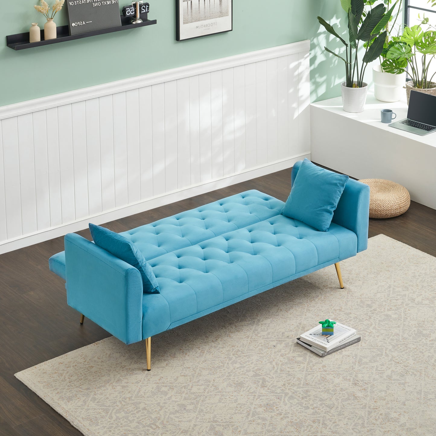 71 inch convertible love seat sofa, American retro, light blue velvet, suitable for small living room, bedroom, office