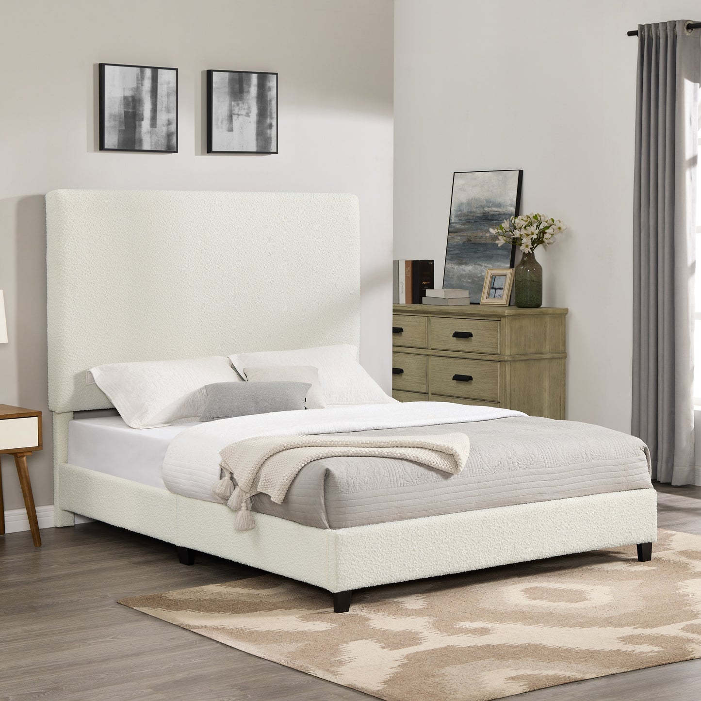 Queen Size White Boucle Upholstered Platform Bed