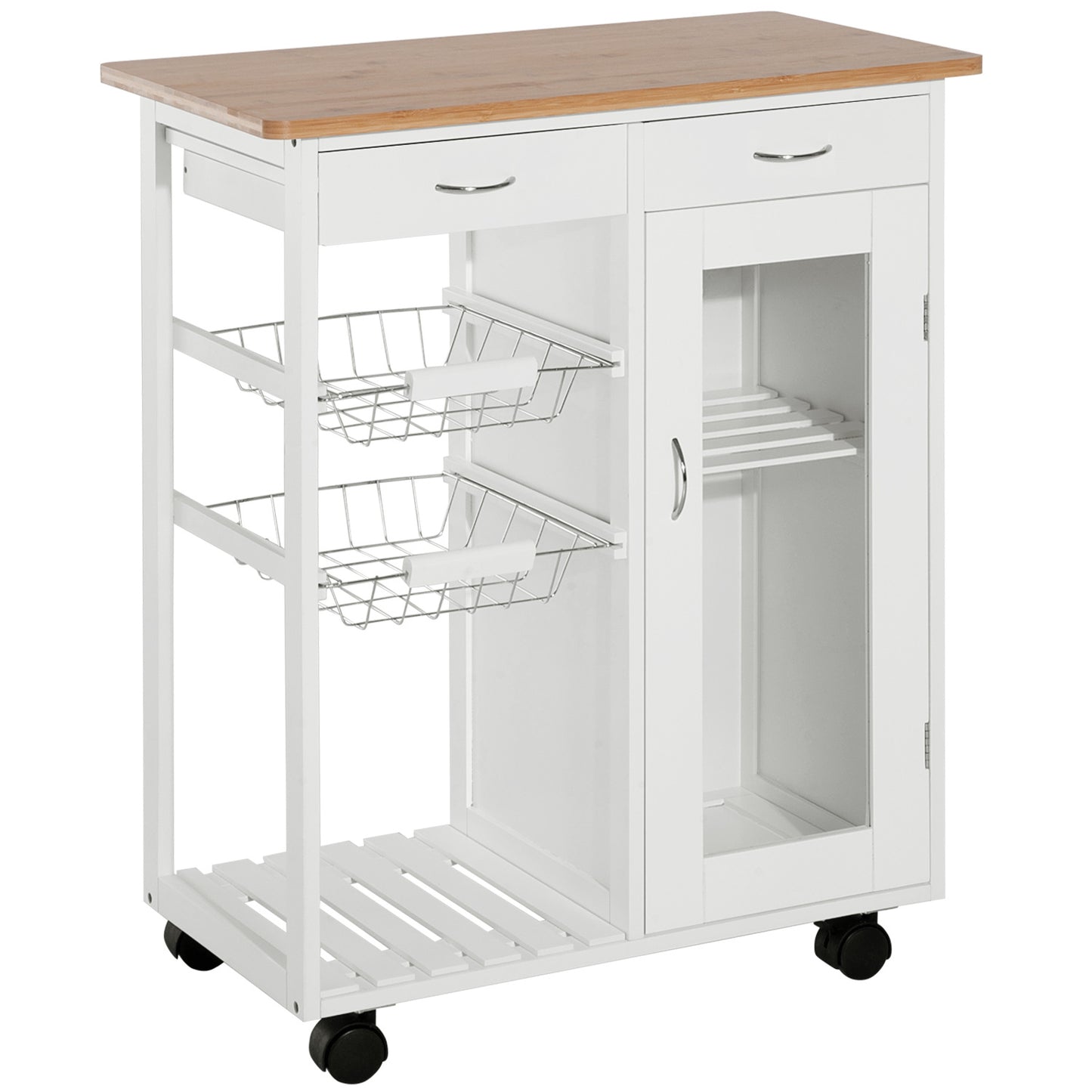 HOMCOM 28" Rolling Kitchen Island with Storage, Kitchen Cart with Solid Bamboo Top, Wire Basket,Door Cabinet and Drawers, White