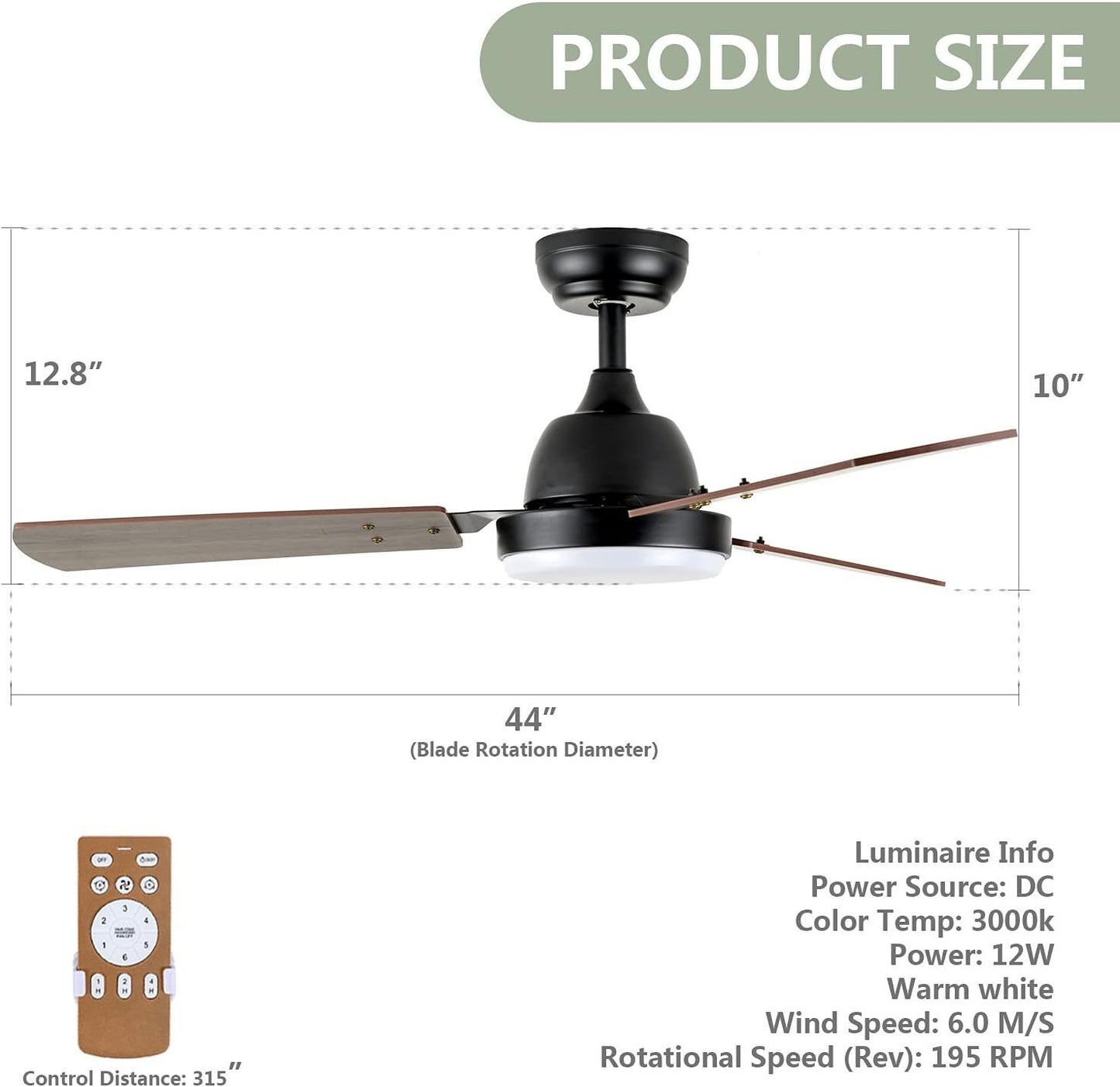 44-inch Ceiling Fan with LED Light and Remote Control, 6-Speed Modes, 2 Rotating Modes, Timer