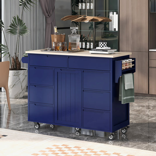 K&K Store Kitchen Cart with Rubber Wood Countertop , Kitchen Island has 8 Handle-Free Drawers Including a Flatware Organizer and 5 Wheels for Kitchen Dinning Room, Dark Blue