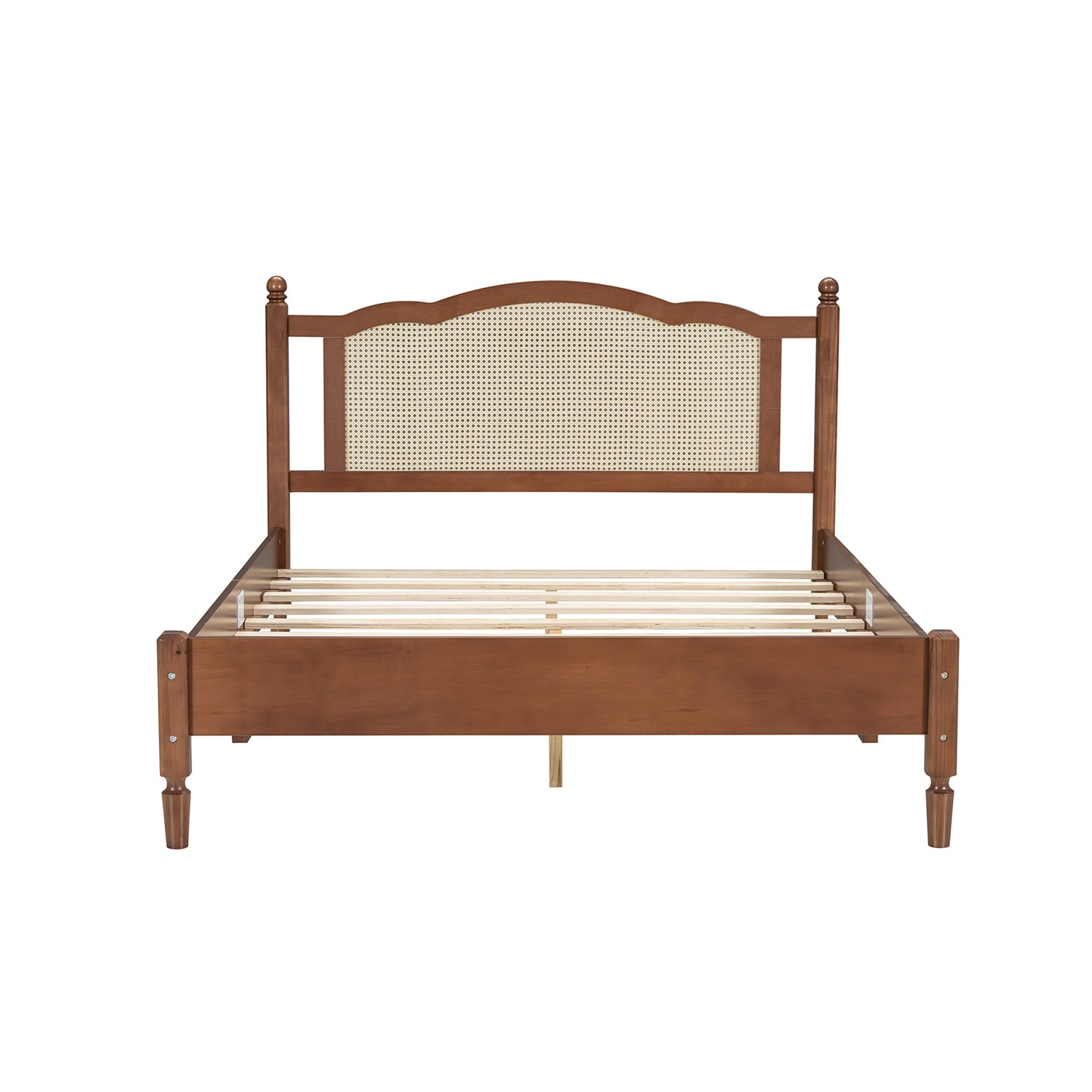 Queen Size Wooden Platform Bed with Natural Rattan Headboard, Vintage Bed Frame with Wooden Slat Support, Walnut