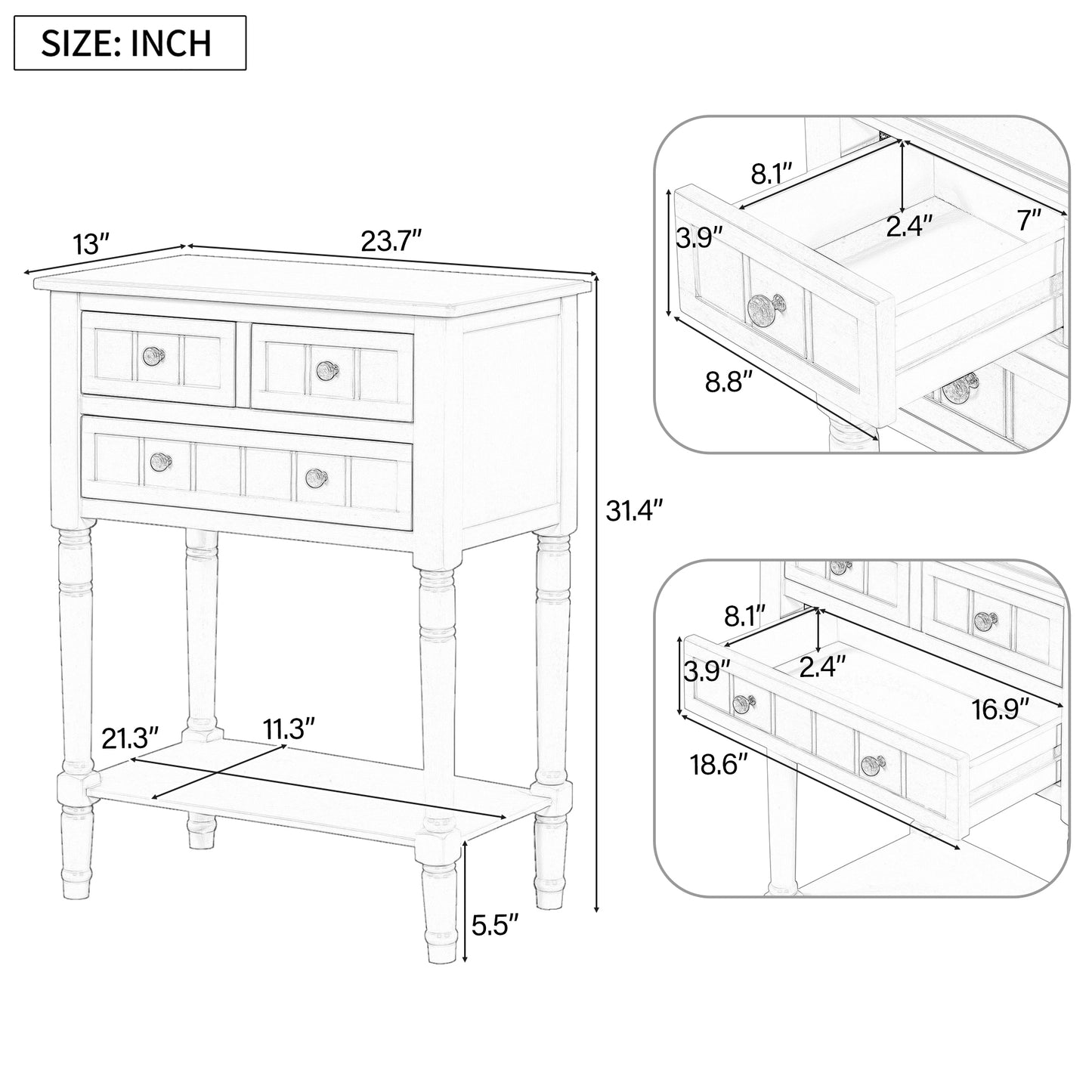 TREXM Narrow Console Table, Slim Sofa Table with Three Storage Drawers and Bottom Shelf (Beige)