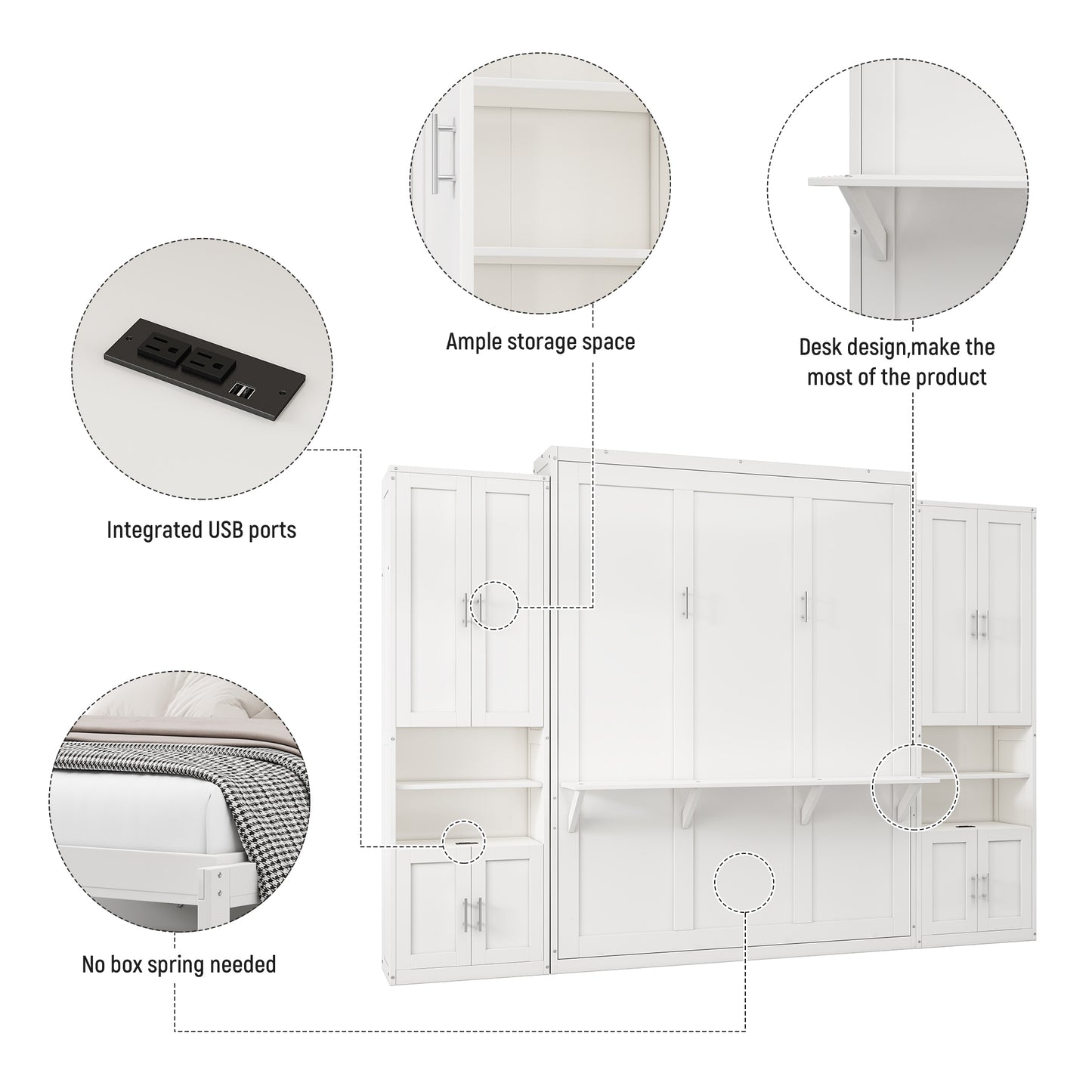 Queen Size Murphy Bed with 2 Side Cabinet Storage Shelves, 68-inch Cabinet Bed Folding Wall Bed with Desk Combo Perfect for Guest Room, Study, Office,White(old sku:BS400192AAC)