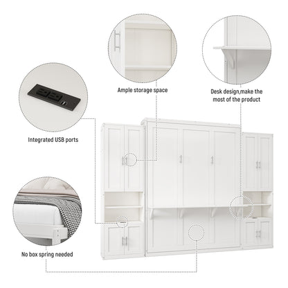 Queen Size Murphy Bed with 2 Side Cabinet Storage Shelves, 68-inch Cabinet Bed Folding Wall Bed with Desk Combo Perfect for Guest Room, Study, Office,White(old sku:BS400192AAC)