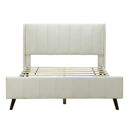 Queen Size Upholstered Platform Bed, Velvet, Beige