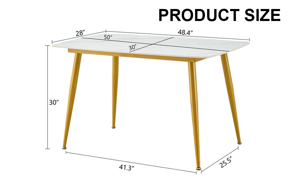 Modern minimalist dining table. White imitation marble patterned stone burning tabletop with golden metal legs. 50 "* 30" * 30 "F-001