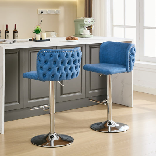 A&A Furniture,Swivel Barstools Adjusatble Seat Height With Chrome Base, Modern PU Upholstered Bar Stools with the whole Back Tufted, for Home Pub and Kitchen Island,Blue, Set of 2