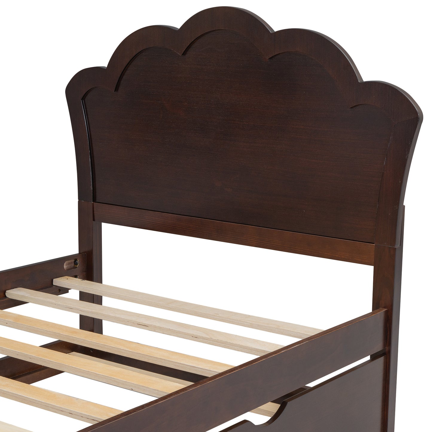 Twin Size Wood Platform Bed with Headboard and Twin Size Trundle, Cappuccino