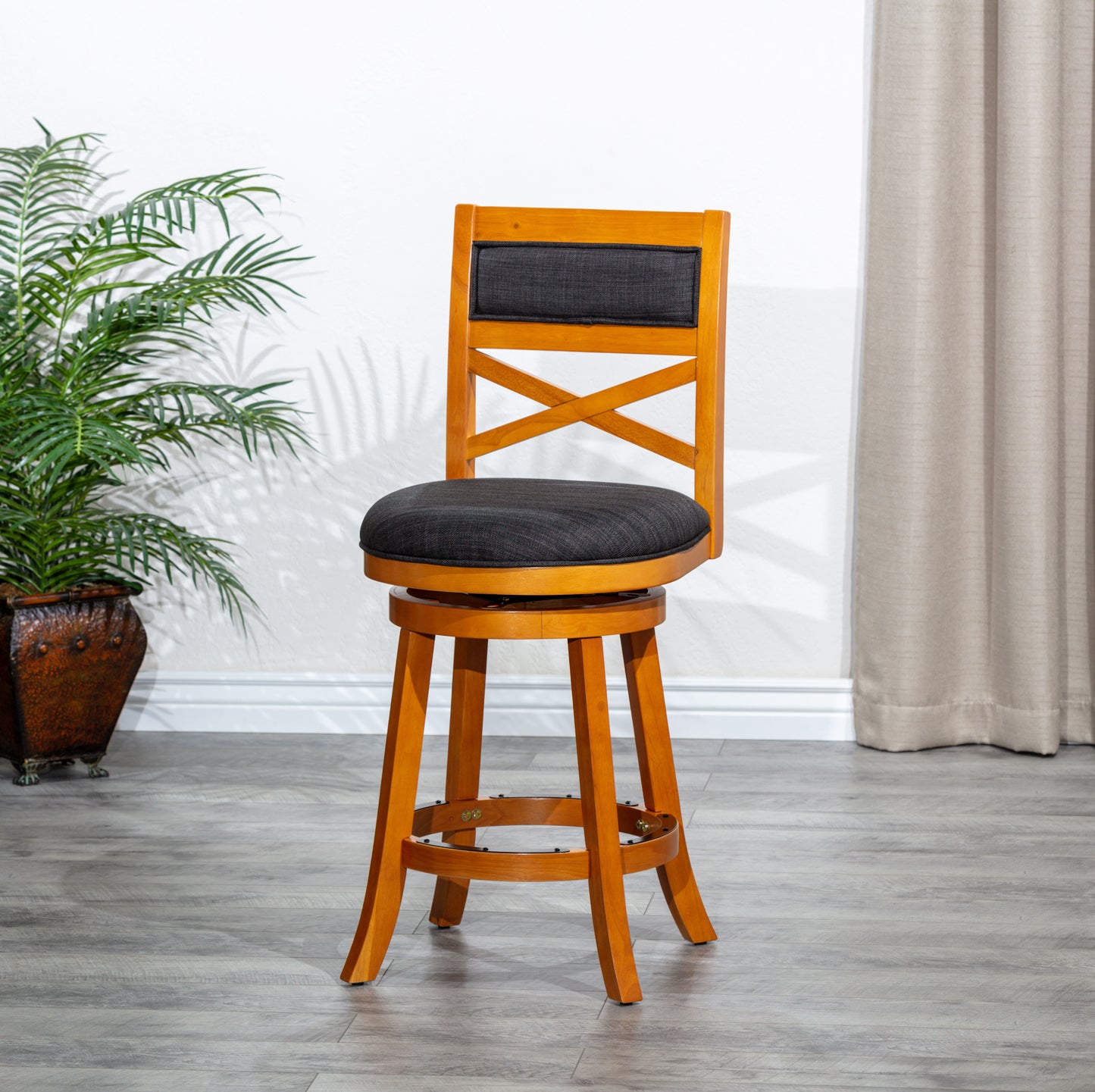 30" Bar Height X-Back Swivel Stool, Natural Finish, Charcoal Fabric Seat