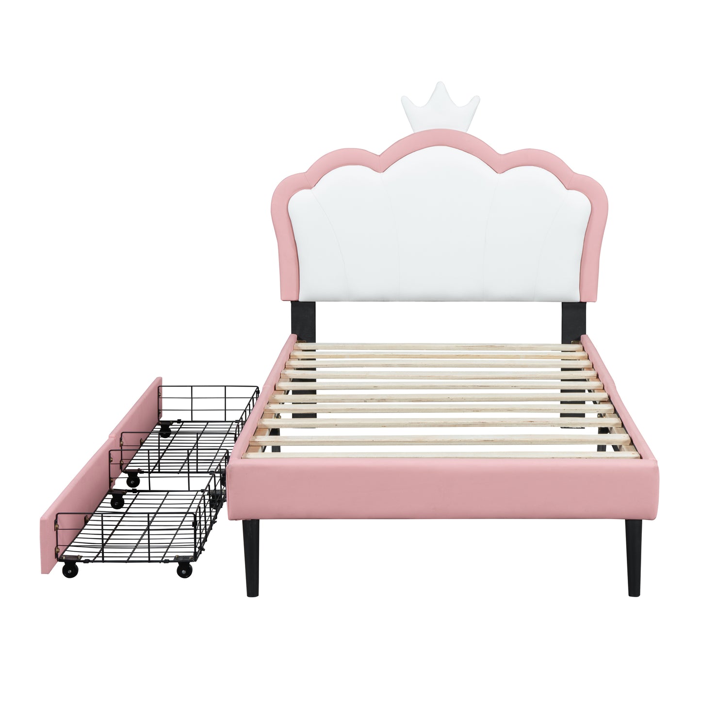 Twin Size Upholstered Princess Bed With Crown Headboard and 2 Drawers,Twin  Size Platform Bed with Headboard and Footboard,White+Pink