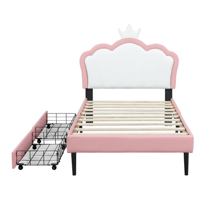 Twin Size Upholstered Princess Bed With Crown Headboard and 2 Drawers,Twin  Size Platform Bed with Headboard and Footboard,White+Pink