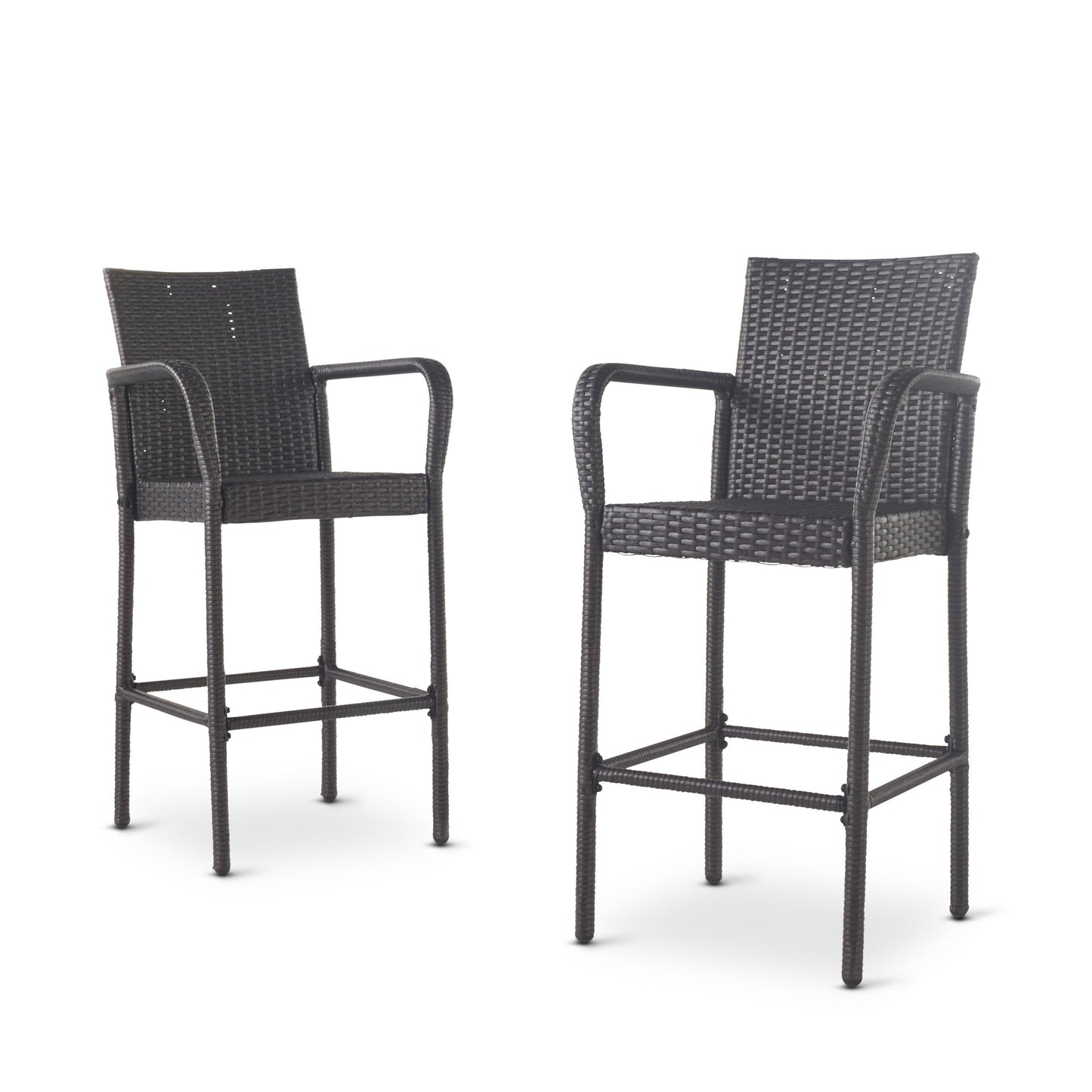 Outdoor Grey Wicker Barstools Set of 2 Faux Rattan Iron Frame