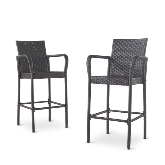 Outdoor Grey Wicker Barstools Set of 2 Faux Rattan Iron Frame