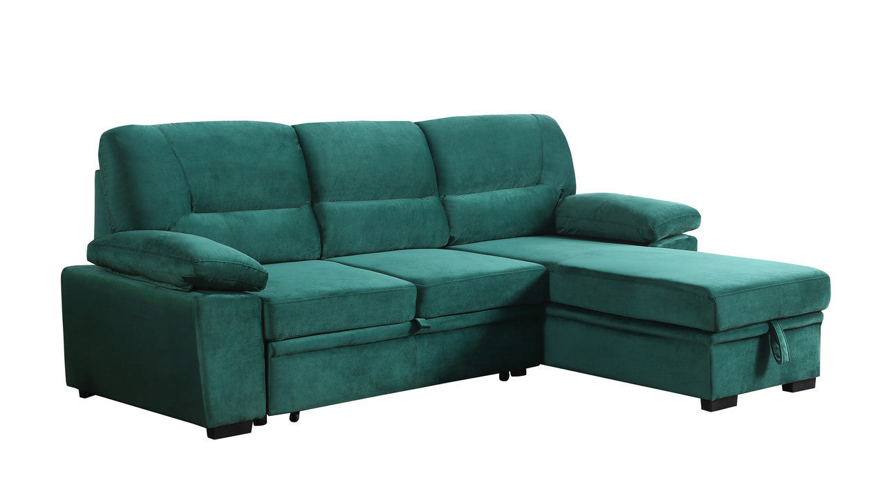 Kipling 97.5" Green Velvet Fabric Reversible Sleeper Sectional Sofa Chaise