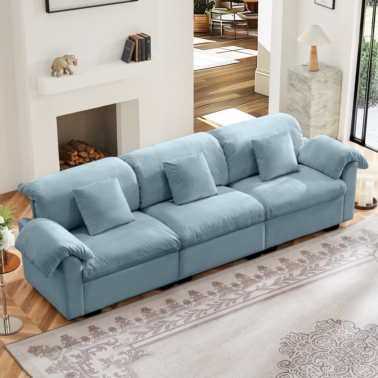 Extra Large 3 - Seat Modern Velvet Sofa With Storage Function Under Each Seat, Oversize Sofa Clould Like Deep Seat Couch with Comfortable Seat and Back Support, 3 Seater Sofa with Fluffy Armrest Pillo