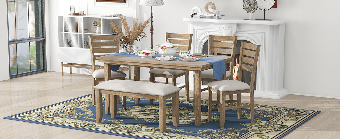 TREXM Dining Room Table and Chairs with Bench, Rustic Wood Dining Set, Set of 6 (Natural Wood Wash)