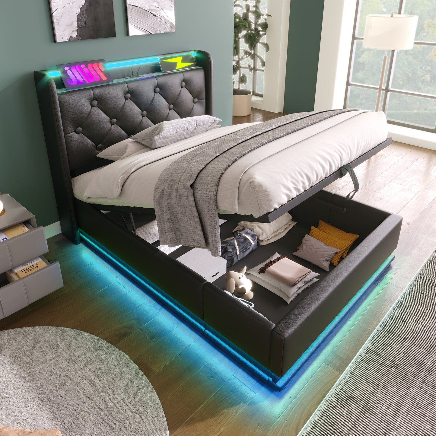 Twin size Upholstered bed, 360 surround LED function, Buttons/Apps/Remote Control, hydraulic storage bed with USB Type-C charging, Black, PU (Without mattress)