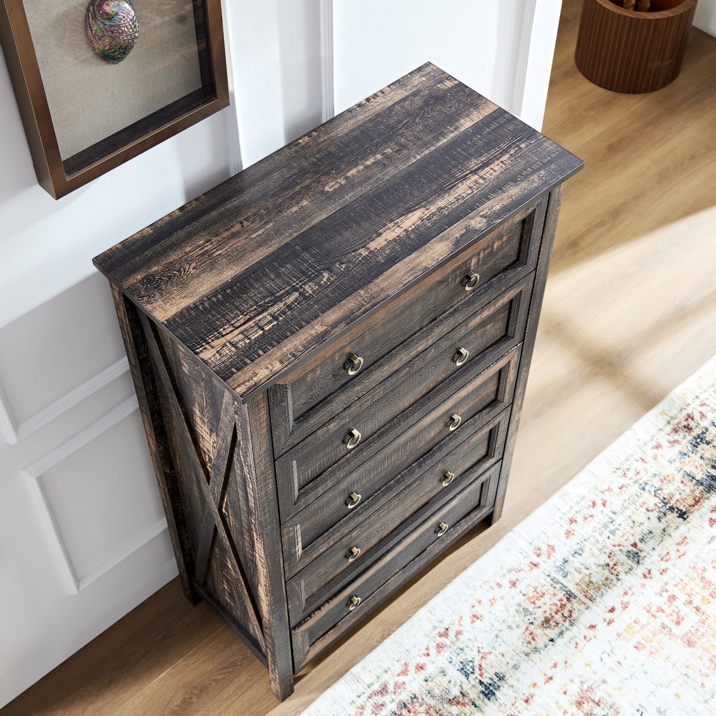 Farmhouse 5 Drawers Dresser Chests for Bedroom, Wood Rustic Tall Chest of Drawers, Dressers Organizer for Bedroom, Living Room, Hallway, Dark Rustic Oak