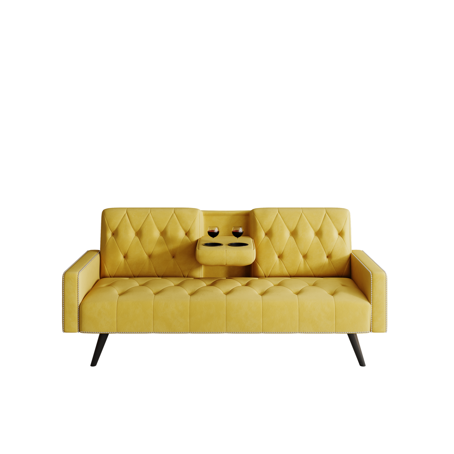 Compact Yellow Velvet Sofa Bed with Nailhead Trim Armrests & Dual Cup Holders - Perfect for Small Spaces, 72-Inch Length