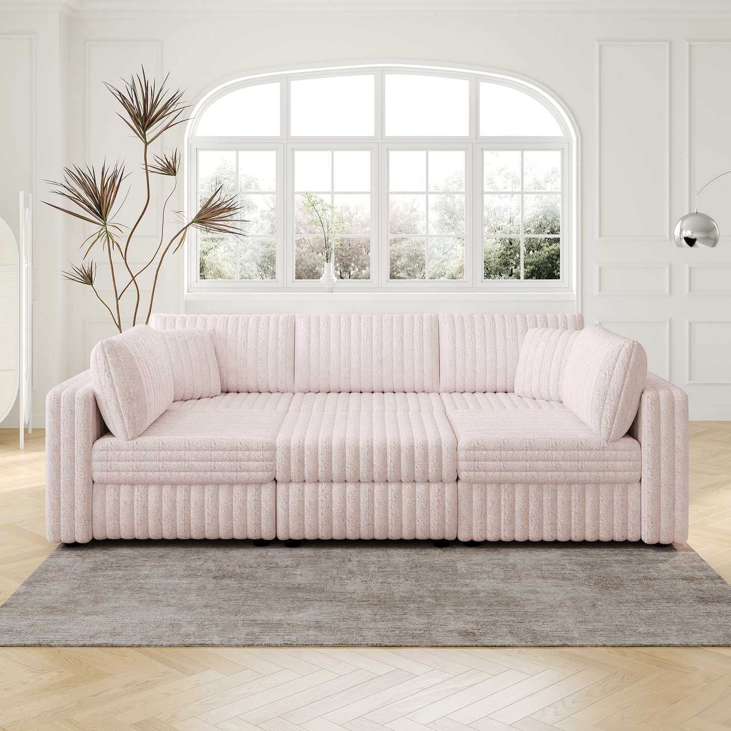 106.3" Soft  U-shaped 6-Person Sofa. Matches 30.7" Ottoman with Hydraulic Lift. Comfortable & Stylish. For Bedroom & Living Room. Light Pink.Modern Furniture. Modular Design.