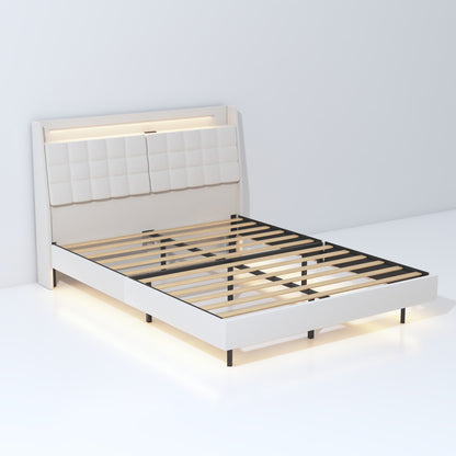 Queen Floating Bed Frame with LED Light and Charging Station Upholstered Platform Bed Frame Queen Size with Headboard and Hidden Storage Space, No Box Spring Needed, Beige