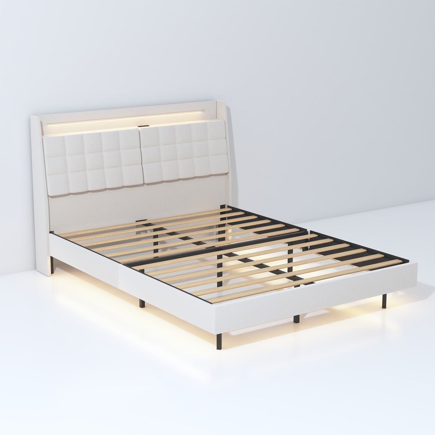 King Floating Bed Frame with LED Light and Charging Station Upholstered Platform Bed Frame King Size with Headboard and Hidden Storage Space, No Box Spring Needed, Beige