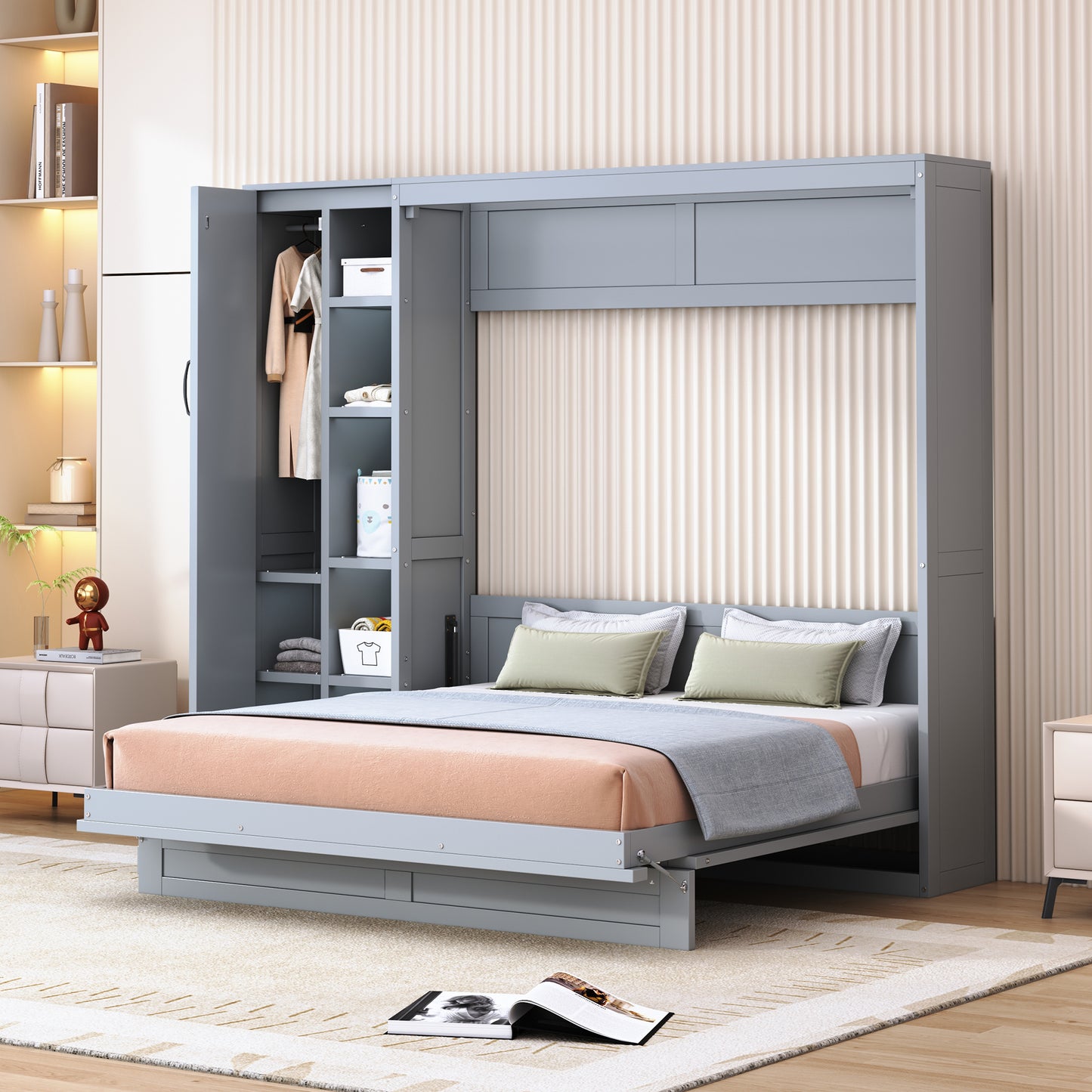 Queen Size Murphy Bed Wall Bed with Shelves, Wardrobe and LED Lights,Gray