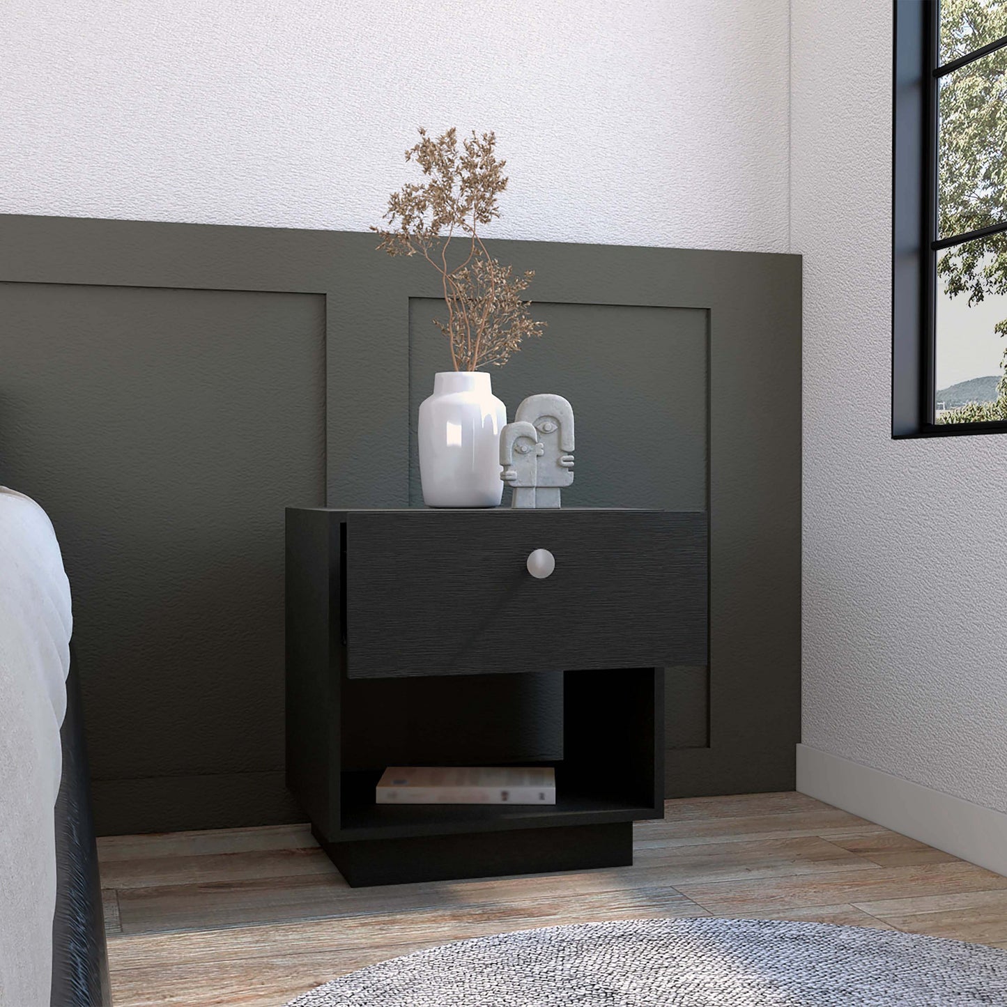 Single Drawer Nightstand 19"H with Open Storage Shelf, Black