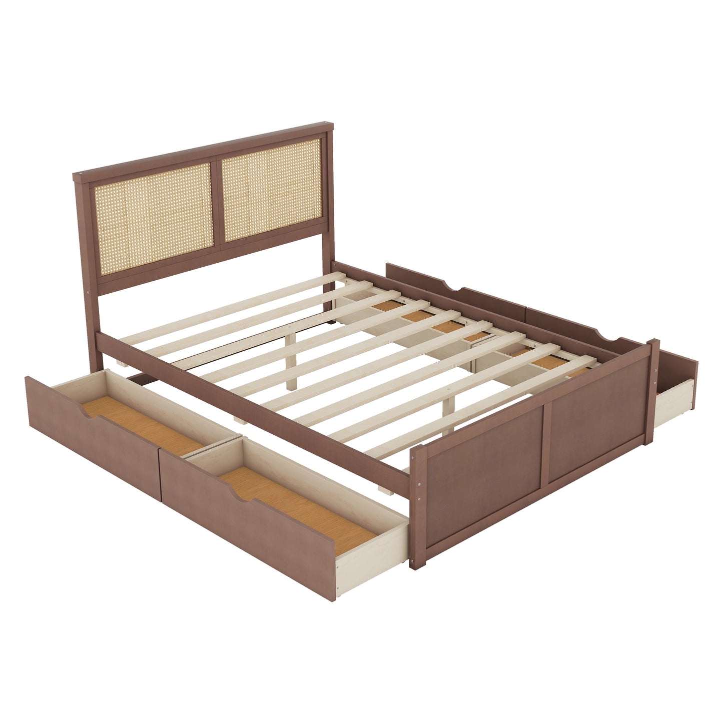 Queen Size Wood Storage Platform Bed with 4 Drawers, Rattan Headboard, Espresso