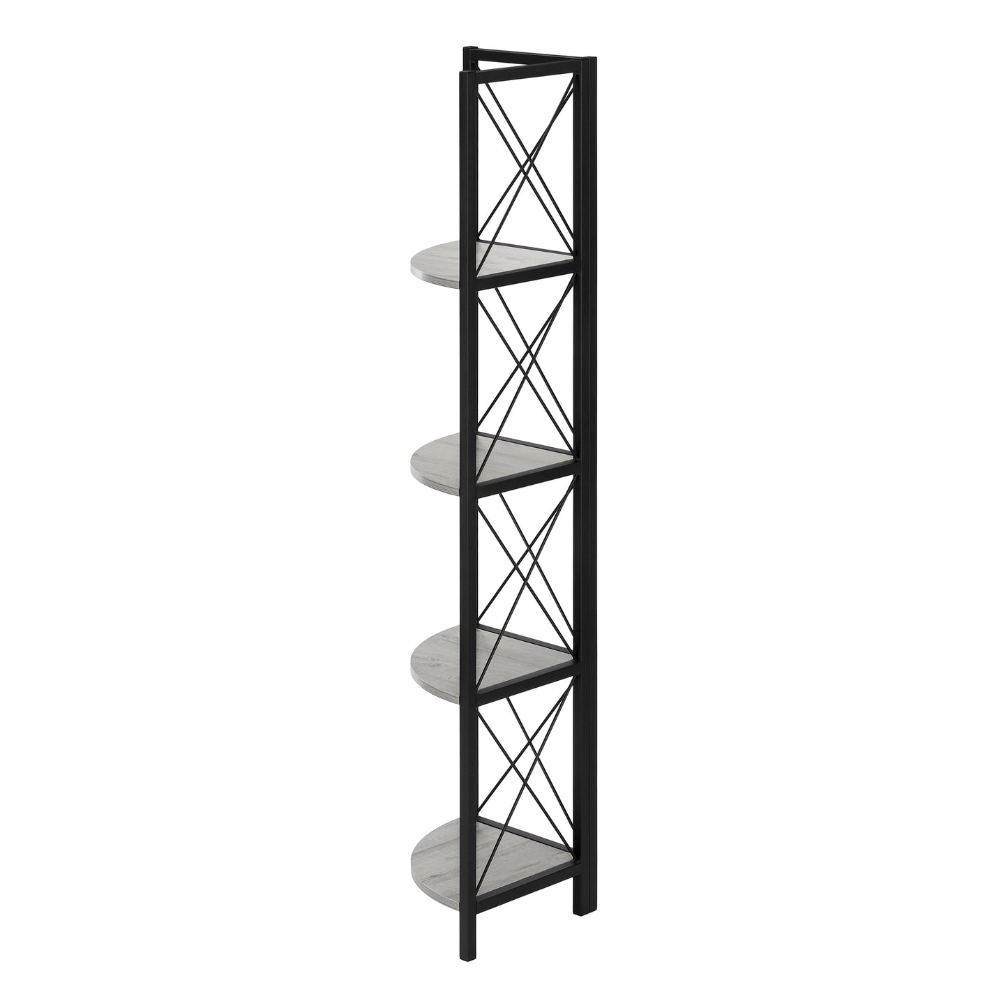 Bookshelf, Bookcase, Etagere, Corner, 4 Tier, 60"h, Office, Bedroom, Grey Laminate, Black Metal, Contemporary, Modern