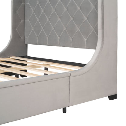 Queen Size Storage Bed Velvet Upholstered Platform Bed with Wingback Headboard and a Big Drawer (Gray)