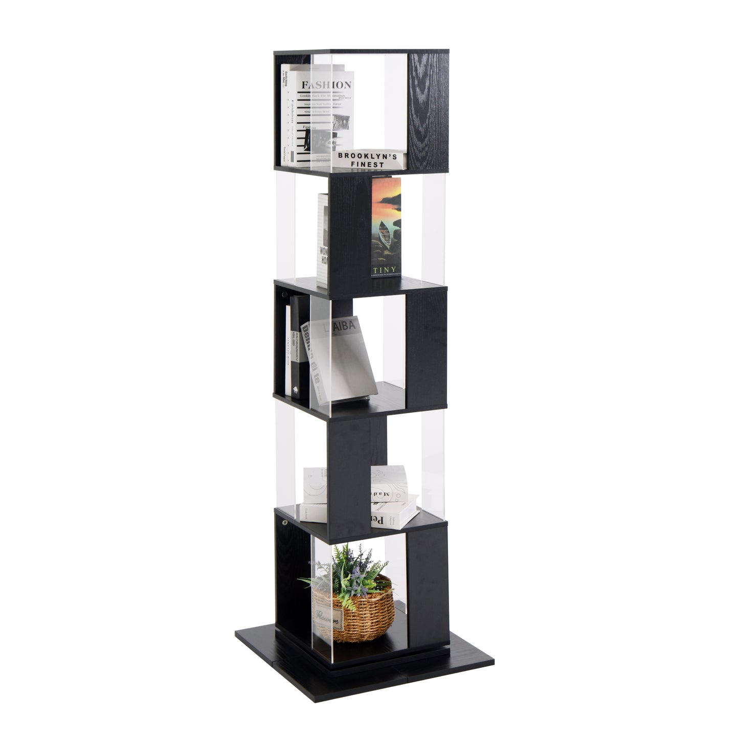 5 tier Rotating Bookshelf, Floor Rack Simple Bookcase  with Acrylic plate Student Multi-Function Creative Bookshelf for Living Room with anti-toppling base