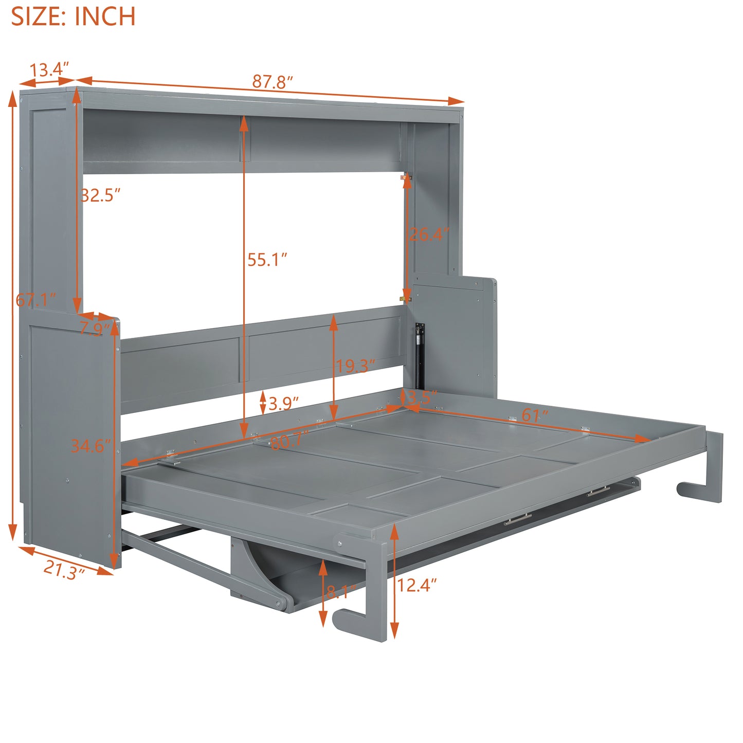 Queen Size Murphy Bed with Hydraulic Lift & Desk Design, Gray