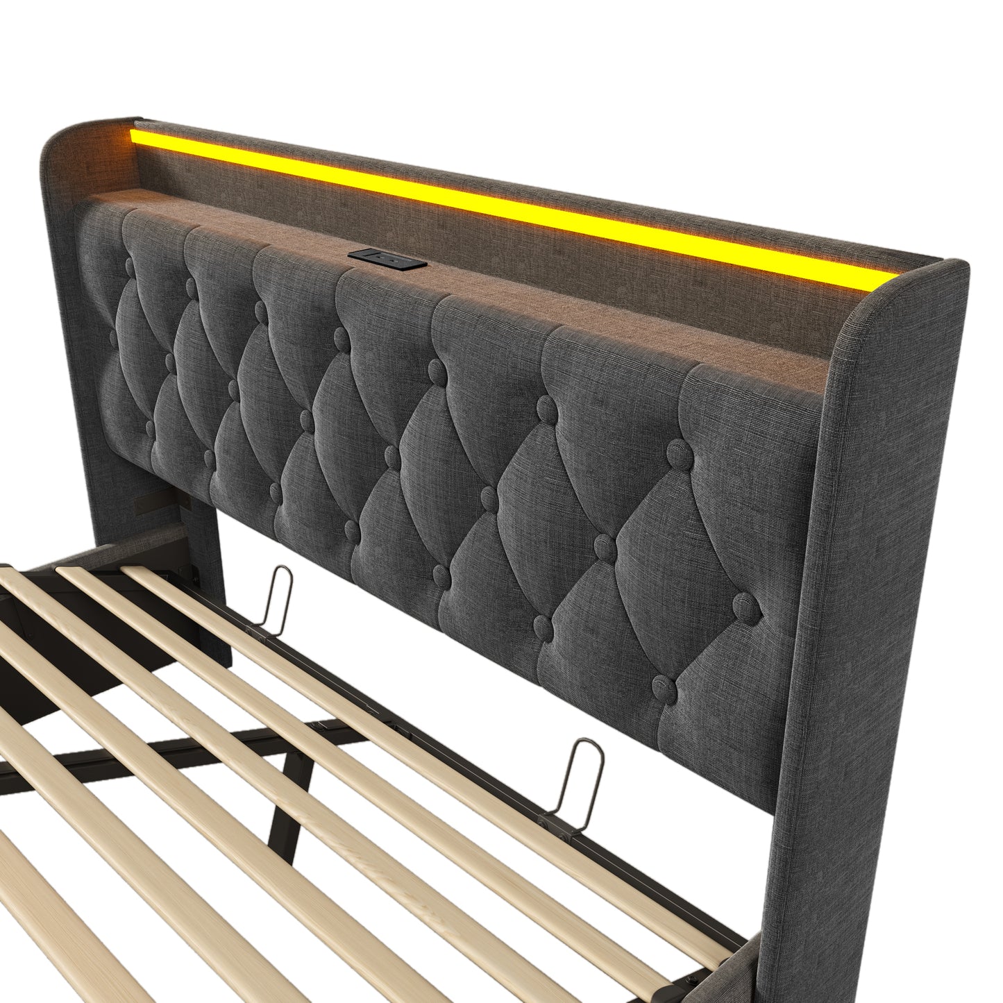 Full size Upholstered bed, 360 surround LED function, Buttons/Apps/Remote Control, hydraulic storage bed with USB Type-C charging, Gray,Linen (Without mattress)