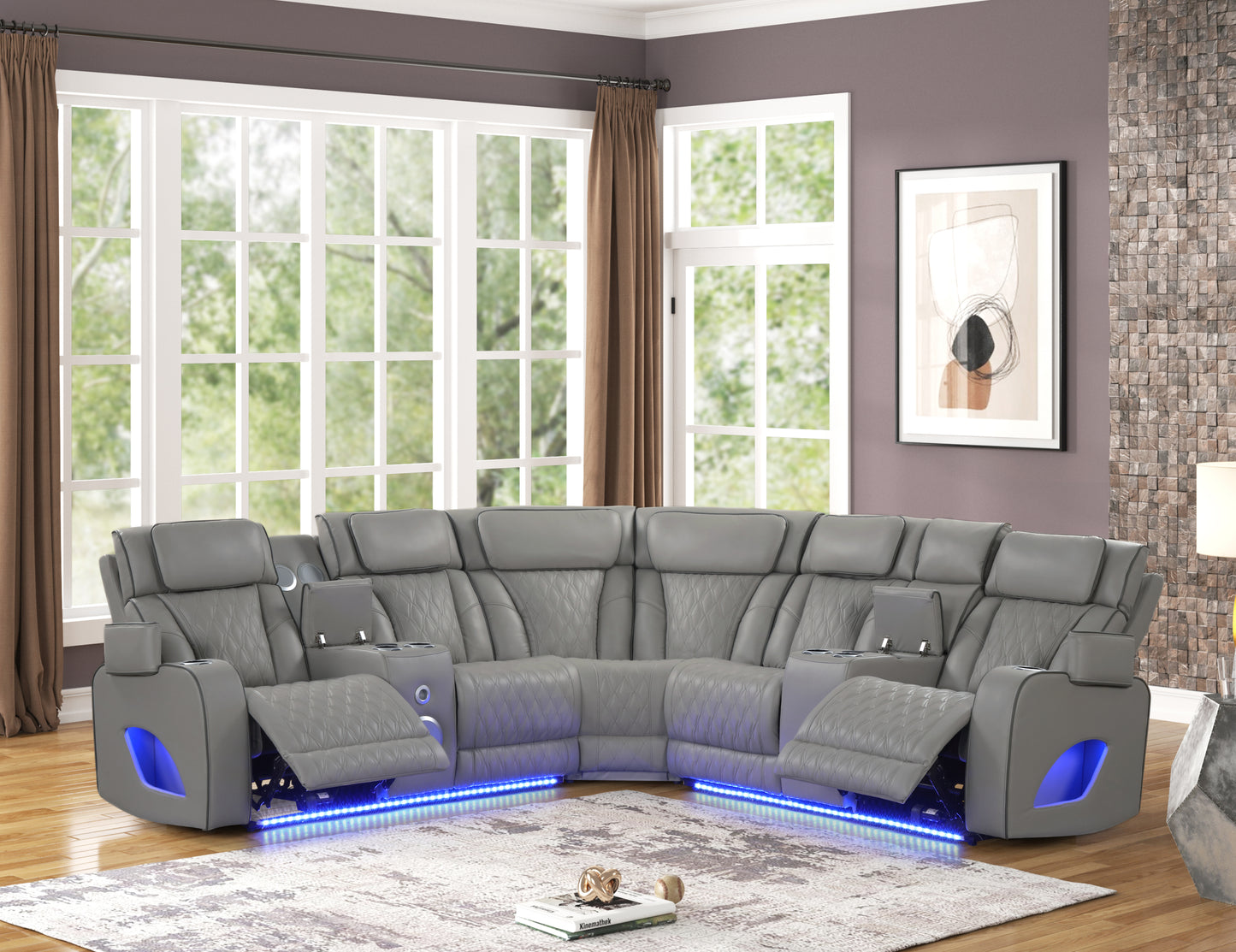 Fortuner Modern Style power recliner sectional with Bluetooth speaker and LED made with wood & metal, Massage Function Included -Gray (NJ Inventory)