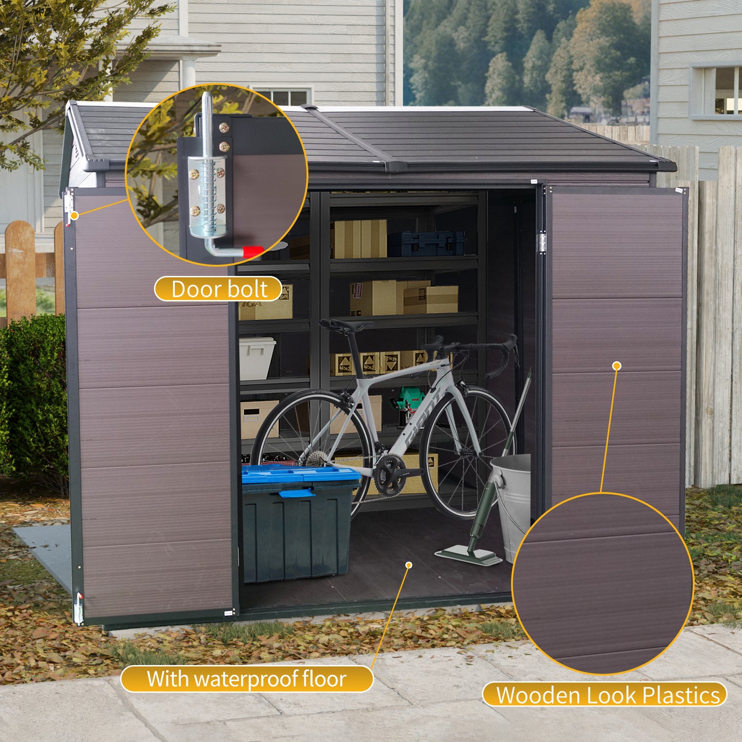 8 x 6 ft Resin Outdoor Storage Shed Waterproof Shed with Floor & Two Windows & Lockable Door, Tool Shed for Garden, Patio, Backyard ( Brown)